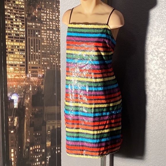 WAYF - NWT - dress: 🌈 striped sequin overlay mini w adj. straps, blk lining - L - Picture 5 of 16
